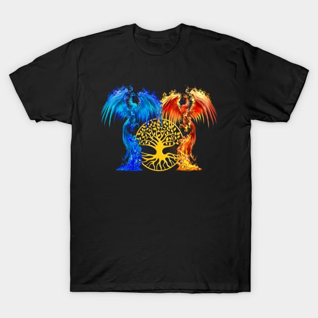 Fantasy Fire And Ice Phoenix Gold Tree Of Life T-Shirt by Atteestude